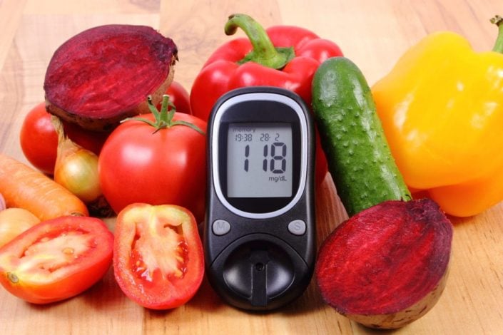 A blood glucose meter placed between a table of fruits and vegetables